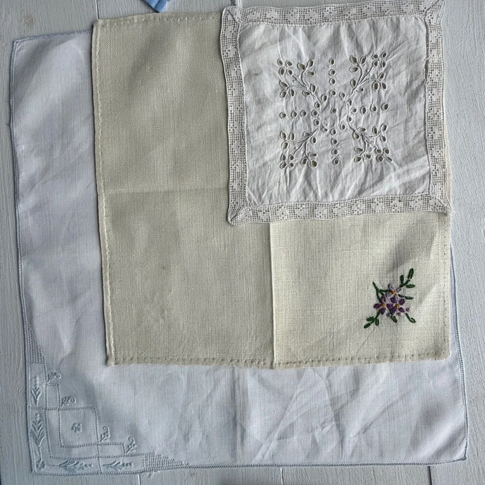 Vintage Embroidered Linen Lot 6 Cutwork Floral Table Linens Hankies